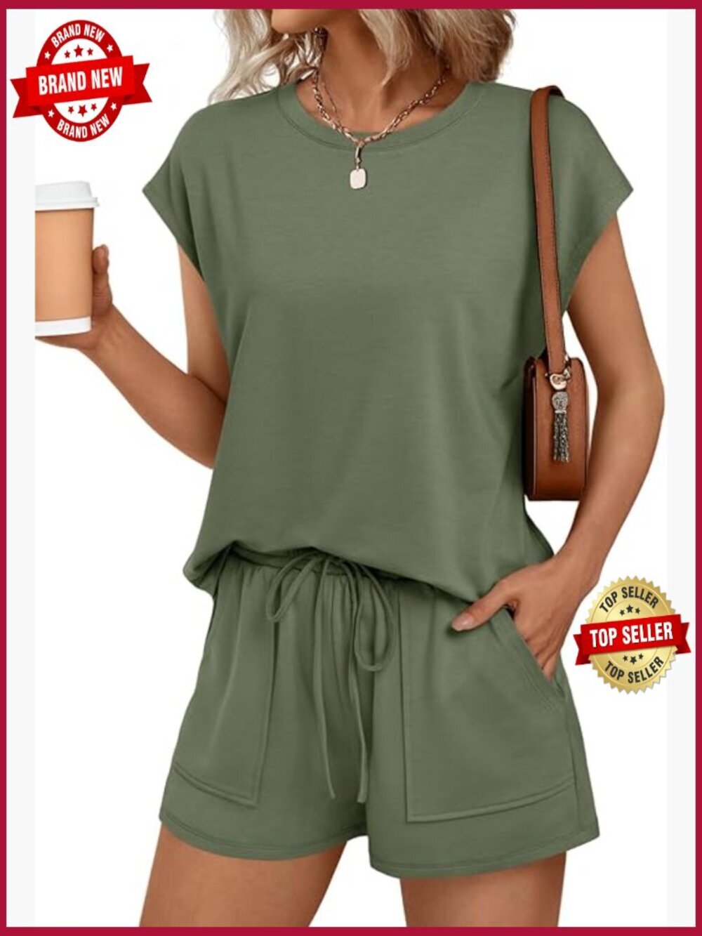 Womens Crew Neck Two Piece Short Sets Cap Sleeve Drawstring Summer Sweatsuit